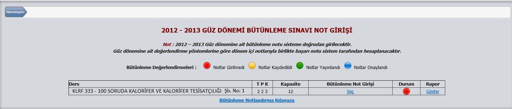 3 ÖĞRENCİ BİLGİ SİSTEMİ BÜTÜNLEME NOTLANDIRMA KILAVUZU Şekil 1: Bütünleme Sınavı Not Girişi / Ders Verilen Şubeler Burada şubelerin not giriş durumu renklerle belirtilmiştir.