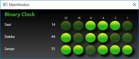 C# WPF Form Binary Saat Uygulaması <Window x:class="binclockc.mainwindow" xmlns="http://schemas.microsoft.com/winfx/2006/xaml/presentation" xmlns:x="http://schemas.microsoft.com/winfx/2006/xaml" Title="MainWindow" Height="218.