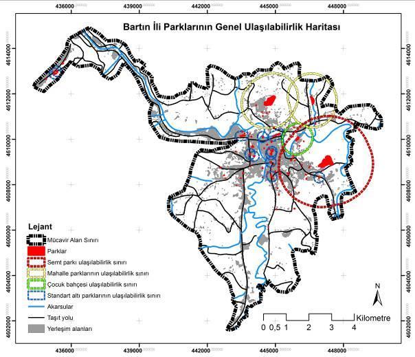 Parkların ulaşılabilme alanlarının birleri ile çakışması normal koşullar altında olumlu bir özellik iken, ildeki parkların dağılımı ve ulaşılabilirlikleri birlikte değerlendirildiğinde rekreasyonel
