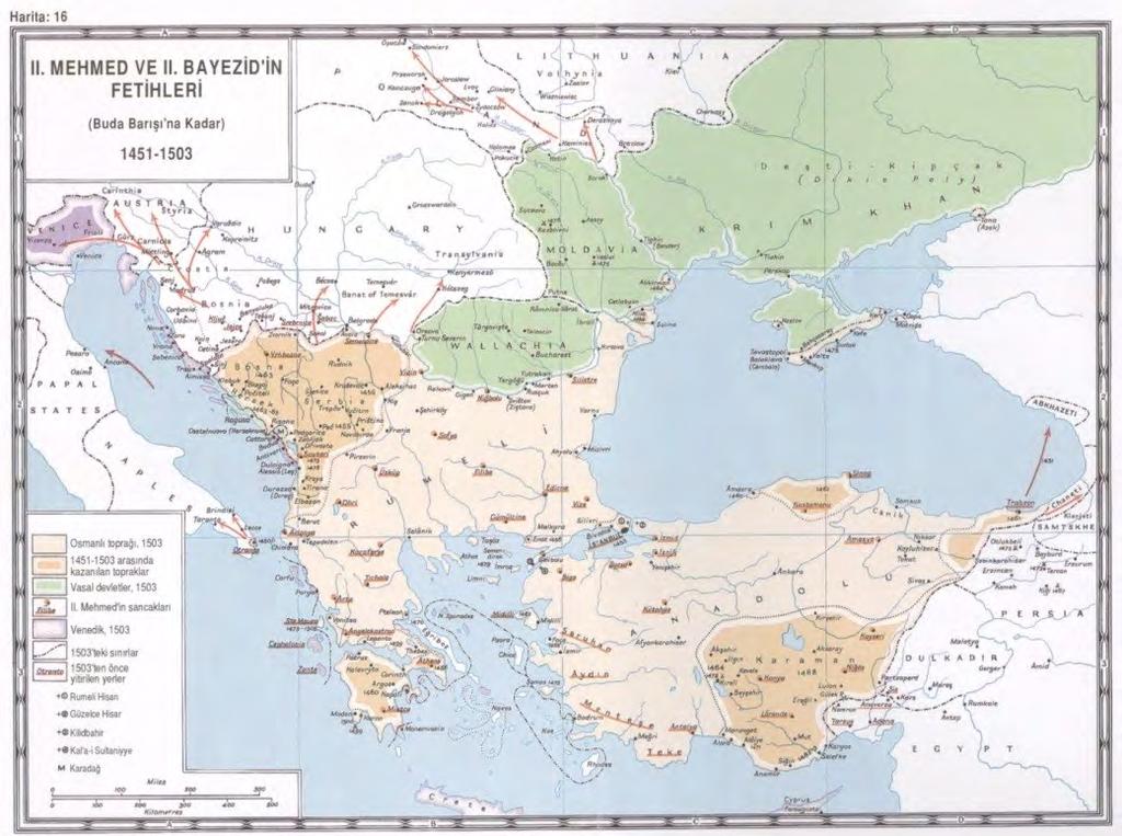 80 TARİH, KÜLTÜR, SANAT, TURİZM VE TARIM AÇISINDAN ULUSLARARASI (Donald Edgar Pitcher, Osmanlı İmparatorluğu nun Tarihsel Coğrafyası) Fatih in himaye ve desteği ile Karaman tahtına geçen Pir Ahmed,