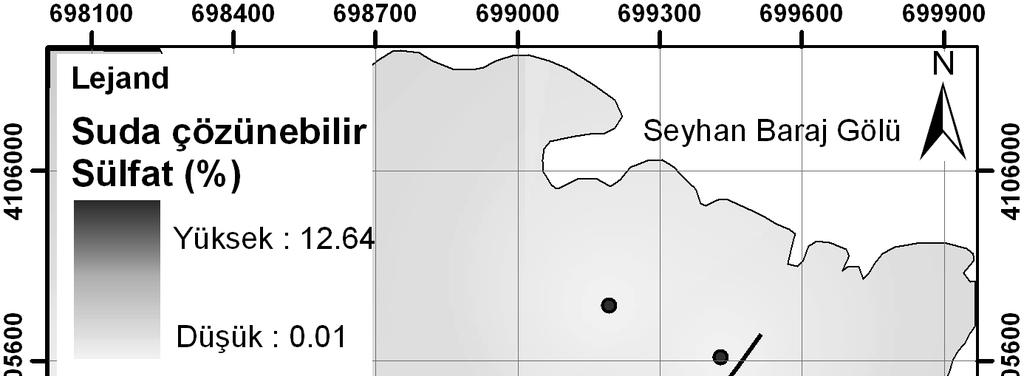 Şekil 7. Suda çözünebilir sülfat içeriklerinin çalışma alanı içerisinde mekansal dağılımı.