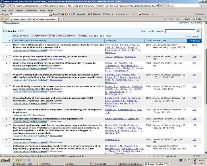 Tarama - en çok atıf alan yayın Tarama sonuç ekranında Cited By seçilerek en