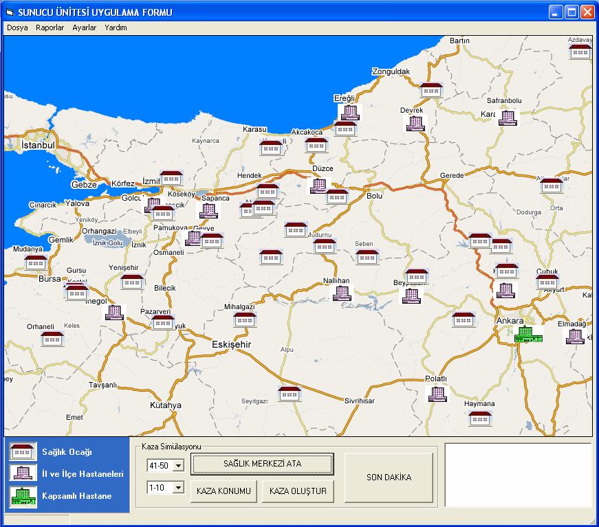 51 Şekil 4.5. Sunucu yazılımı çalışma ekranı Şekil 4.5 de sunucu yazılımı çalışma ekranı görülmektedir. Uygulamada çalışma alanı olarak Ankara-İstanbul bölgesi seçilmiştir.