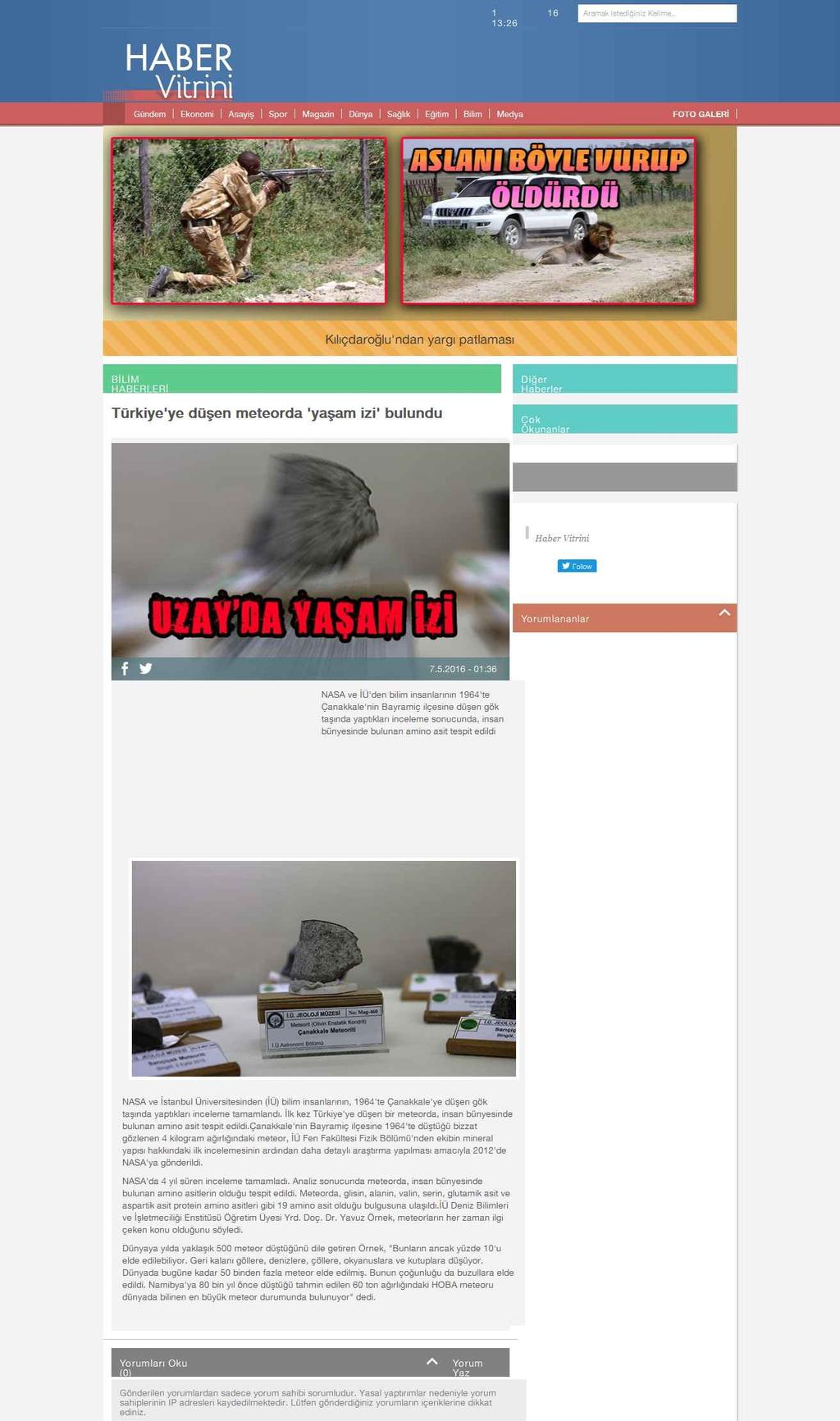 Portal Adres TÜRKIYE'YE DÜSEN METEORDA 'YASAM IZI' BULUNDU : www.habervitrini.