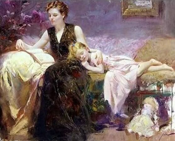 Pino Daeni, Precious Moments Anne öldü mü çocuk Bahçenin en yalnız köşesinde Elinde siyah bir çubuk Ağzında küçük bir leke Çocuk öldü mü