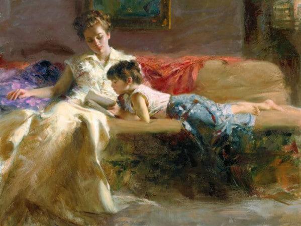 Pino Daeni, Late Night Reading Tatilleri yanında geçiririm annemin, Bir aydınlık belirir o sararmış benzinde; Bu sevimli günlerde gamdan, tasadan emin, Avunurum bir çocuk gibi onun dizinde.