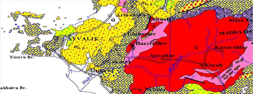 ARMUTOVA - AYVALIK- ALTINOVA -DİKİLİ YÖRESİ Madra Dağı'nın batısındaki saha güneydeki Bakırçay Irmağı'nın yatağına kadar neojen depolar ve alüvyal örtülerle nal