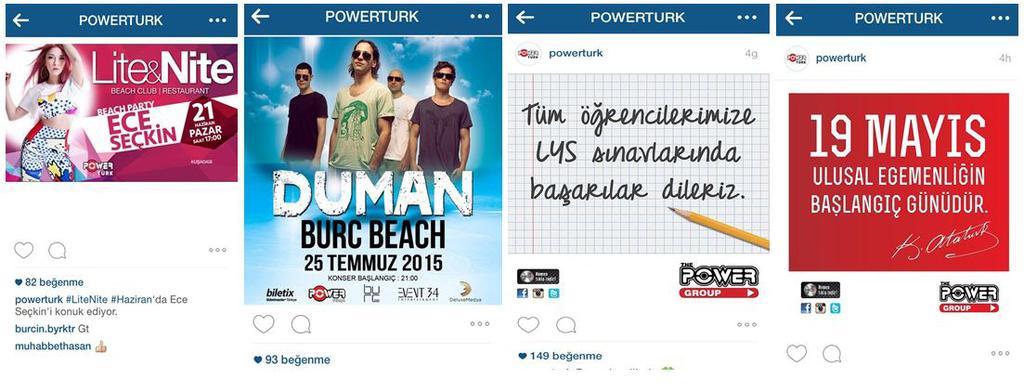 Şekil 3. Powertürk Radyonun Instagram Paylaşımlarından Örnekler Powertürk Radyo Instagram mecrası aracılığı ile daha çok kurumsal tanıtım yapmaya özen göstermektedir.