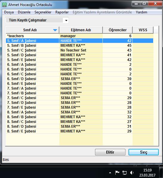 Öğretmenimiz yukarıda ki örnek ekran görüntüsünde olduğu gibi sınıfını seçip