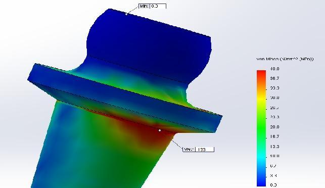 2,5 mm damak dolgu modeli için 113,4 MPa değerindeki maksimum gerilme yine abutmentın boyun kısmında daha dar bir bölgede meydana gelmişken 4,5 mm