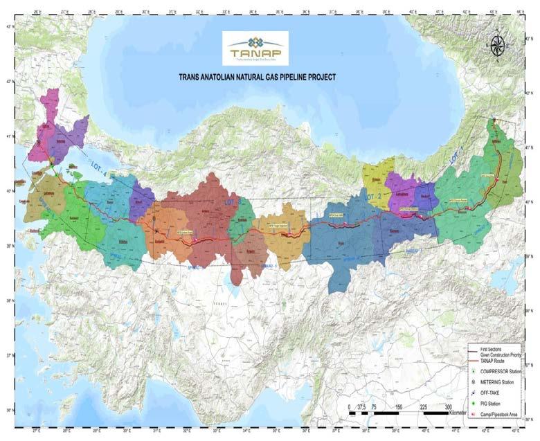 TANAP, Türkiye Gürcistan sınırında Ardahan ili Posof ilçesi Türkgözü köyünden başlayarak Ardahan, Kars, Erzurum, Erzincan, Bayburt, Gümüşhane, Giresun, Sivas, Yozgat, Kırşehir, Kırıkkale, Ankara,