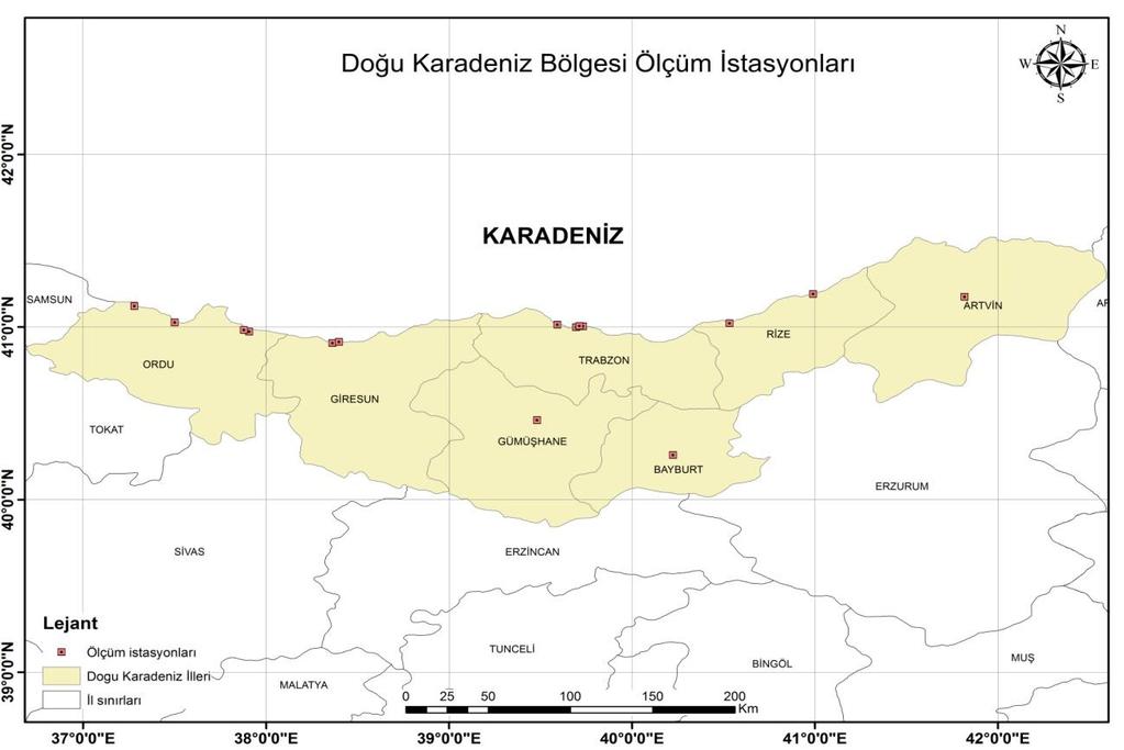 Kazım Onur Demirarslan, Halil Akıncı / Cilt:2 Sayı:2 2016 Şekil 1: Çalışma alanı ve ölçüm istasyonları (2016 yılı) 800,000 700,000 600,000 500,000 400,000 300,000 200,000 100,000 0 2010 2011 2012