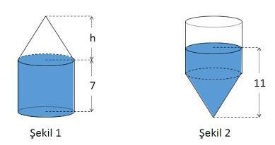 SORULARI 39. Yüksekliği 7 cm ve tamamı suyla dolu bir dik dairesel silindir ile aynı tabanlı ve yüksekliği h cm olan boş bir koni Şekil 1 deki gibi birleştirilmiştir. CEVAP ANAHTARI 1. E 21. A 2.
