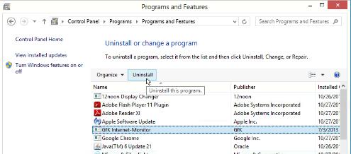 Yüklü programlar listesinde GfK Internet Monitörüne tıklayınız ve sonra üstündeki Uninstall program (Programı