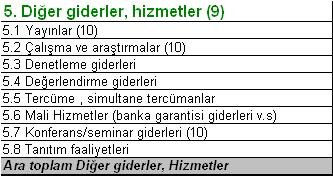 BÜTÇE Diğer Giderler, Hizmetler: Proje uygulaması sırasında yapılacak yayınlar, araştırmalar, izleme ve değerlendirme, tercüme vs.