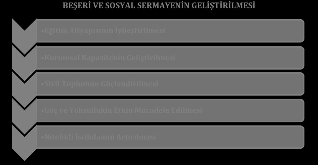 BEŞERİ VE SOSYAL SERMAYENİN GELİŞTİRİLMESİ 2.1 Eğitim Altyapısının İyileştirilmesi 2.1.1 Okul öncesi eğitimde, ortaöğretimde ve mesleki eğitimde okullaşma oranı artırılacaktır. 2.1.2 Eğitim, sağlık ve sosyal hizmetler yaşam standardını olumlu yönde etkileyecek ölçüde yaygınlaştırılacaktır.