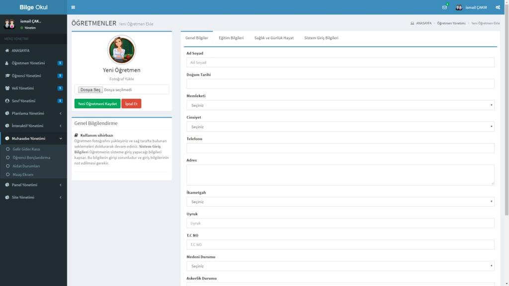 Bu panelde Öğretmen ait her türlü bilgiye ulaşabilir