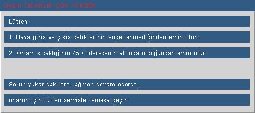 Ekler Ekran Üzeri Mesajlar Sıcaklık uyarısı: Fan arızalıdır: Lamba ısınıyor: Ekran dışı menzili: Uzaktan kumanda