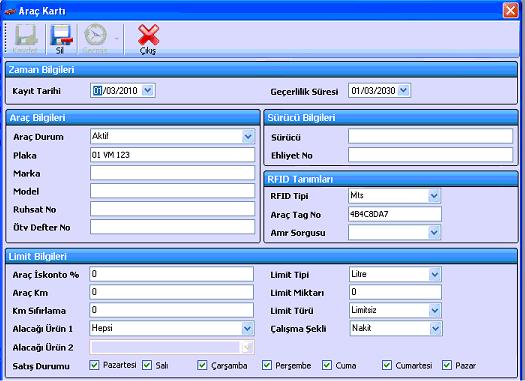 2.2.1.1 Araç Tanıtım Kartı Araç kartı ile araca ait olan bilgileri, durumunu, Kartın kullanım süresini, Litre yada TL.