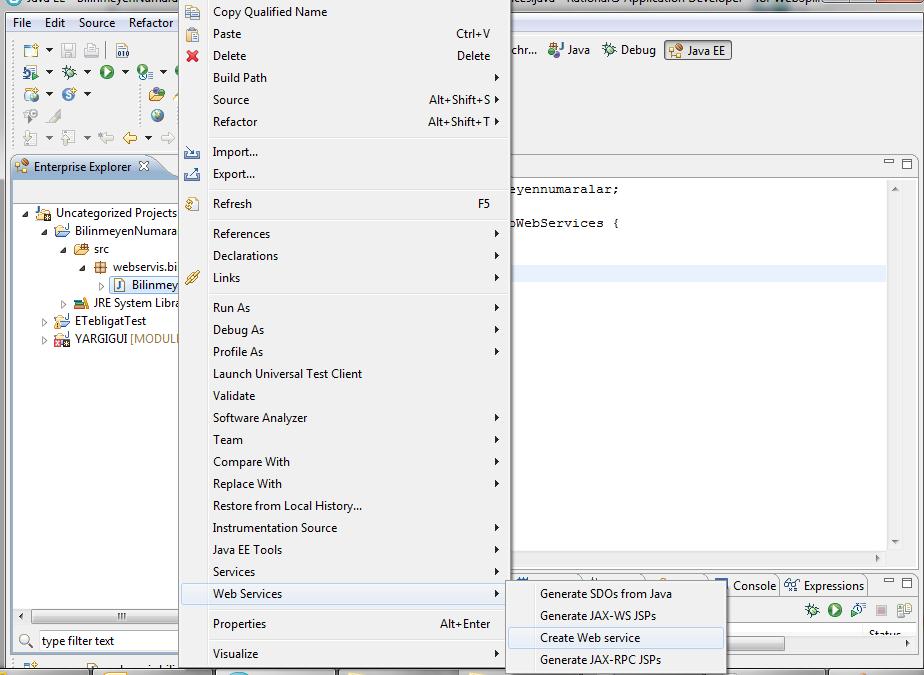 WS yi oluşturmak için sınıfın üzerine sağ tıklanarak web servis>web