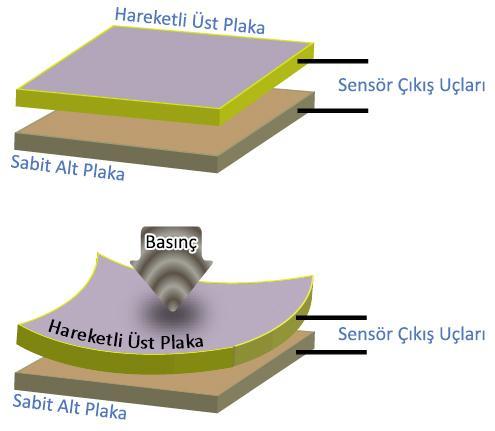 10 Üst plakası hareketli, alt plakası sabit olan kapasitif sensörün prensib yapısı, yandaki şekilde görülmektedir. Basınç yok iken levhalar arası kapasite sabittir ve varsayılan değerdedir.