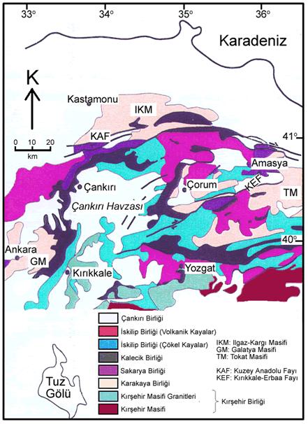 Şekil 4.1 Çankırı Havzası ve çevresinin sadeleştirilmiş jeotektonik haritası (Tüysüz ve Dellaloğlu 1992).