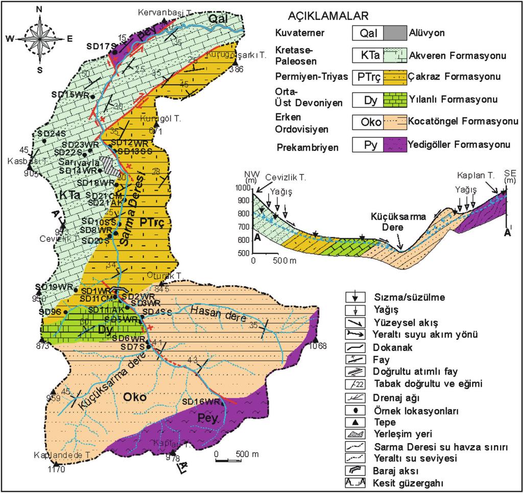 Jeoloji Mühendisliği Dergisi 40 (1) 2016 109 Şekil 2. Sarma Deresi havzasının jeoloji haritası. Figure 2. Geological map of the Sarma Stream basin.