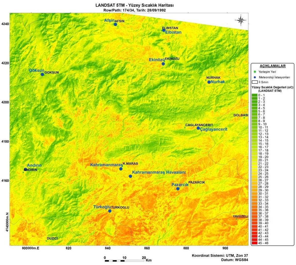 ġekil 5. Kahramanmaraş ve çevresine ait yüzey sıcaklık dağılımı. Çalışma alanında 11 adet meteoroloji istasyonu gösterilmiş olmasına rağmen yararlanılabilen istasyon sayısı 4 adettir.