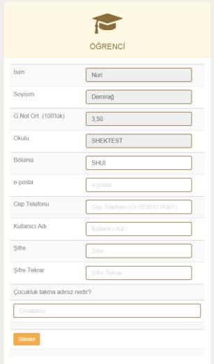 3.1. Şifre Belirleme Staj yapacak öğrenciler, kullanıcı adı ve şifrelerini belirler. Form açıklamaları: İsim, soyadı, okul ve bölüm staj komisyon üyeleri tarafından belirlenir. Uyarı!