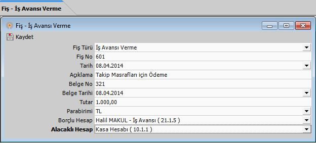 Borçlu Hesap: Ödemeyi yaptığınız Personeli veya Sözleşmeli Hukuk Bürosunu listeden seçin. Kaydedilecek bilgiler tamamlandığında Kaydet düğmesi ile kayıt işlemini yapabilirsiniz.