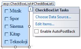 CheckBoxList Eğer aynı alan için birden fazla kutunun işaretlenebilmesi isteniyorsa; CheckBoxList kontrolü kullanılmalıdır.