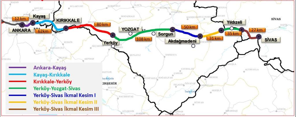 Şekil 4.28: Ankara- Sivas YHT hattı güzergahı. Kaynak: TCDD Mevcut Durum ise: Kayaş-Kırıkkale Arası: Kayaş-Elmadağ (Km 12+263-45+440) : 24 Nisan 2014 tarihinde ihalesi yapılmıştır.