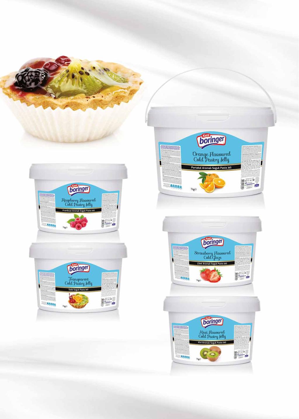 SOĞUK PASTA JELLERİ COLD GLAZES KULLANIM ALANI Pastacılık ürünlerinde, tart, kek, dondurma, meyve salatası ve tatlılarda dekorasyon ve kaplama amacı ile kullanılır.