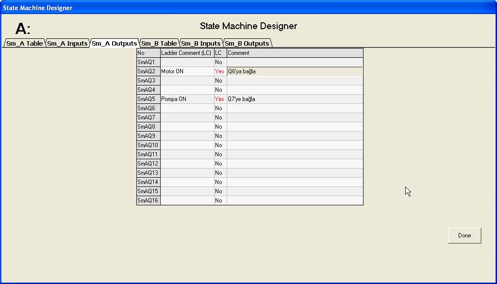 5.11.4Durum Makinesi B Tablosu Durum Makinesi Tasarımı Penceresi nde Sm_B Tablosu sekmesi tıklanarak Durum Makinesi A Tablosu na erişilir.