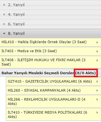 Bu şart, öğrencinin seçmeli dersler için mezuniyet kriterini oluşturmaktadır. Burada, 8.