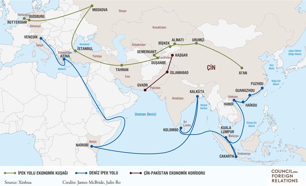 PERSPEKTİF ŞEKİL 1. MODERN İPEK YOLU PROJESİNİN MUHTEMEL GÜZERGAHLARI Kaynak: Council on Foreign Relations (CFR) İpek Yolu (Maritime Silk Road) hattıdır.