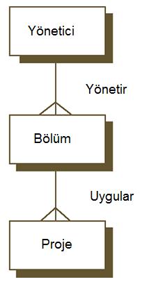 İlişkisel Veri Tabanı Modeli (devam) Şirketin Proje, Bölüm ve Yönetici çizelgelerinin olduğunu ve Şirket sahibinin sales manual project yöneticisinin adını ve bu yöneticinin bu şirkette çalışma