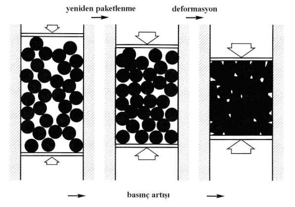 Metal tozu yoğunlaģtırma aģamalarının Ģematik gösterimi.