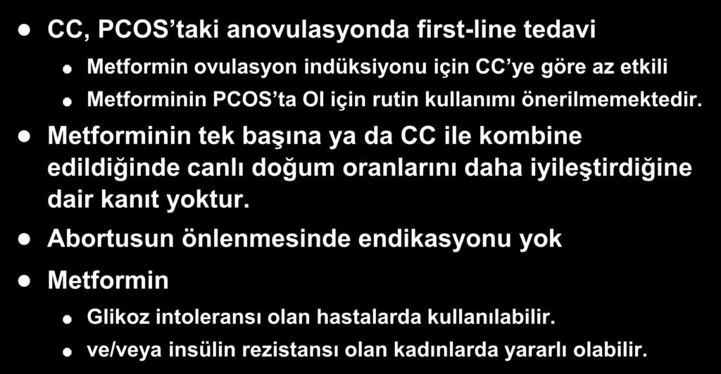 Metforminin tek başına ya da CC ile kombine edildiğinde canlı doğum oranlarını daha iyileştirdiğine dair kanıt yoktur.