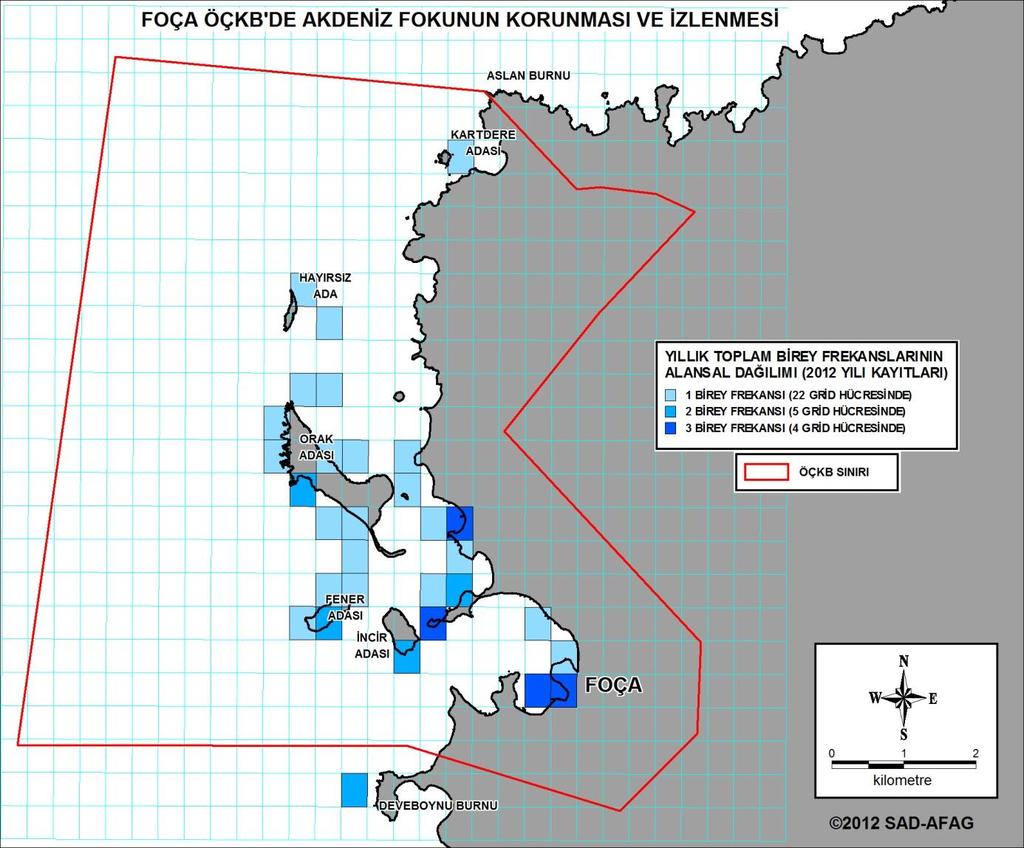 8. Foça ÖÇK Bölgesinde 2012 senesine ait fok gözlem verileri 2012 senesinde ise toplamda fok gözlem sayısı 45 dir.