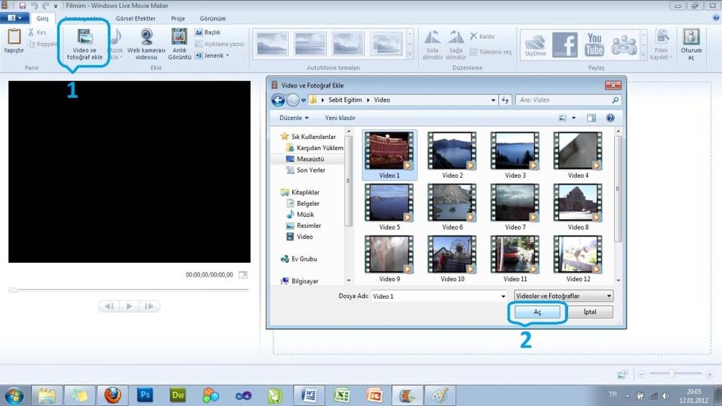 1- Video ve fotoğraf ekleye tıklayarak açılan pencereden videomuzun olduğu konumu, ardından eklemek istediğimiz videoyu seçiyoruz.