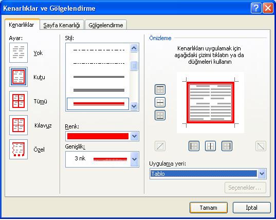 Örnek:Kenarlık eklenmiş bir tablonun görüntüsü(not: Tablonuza ekleyeceğiniz