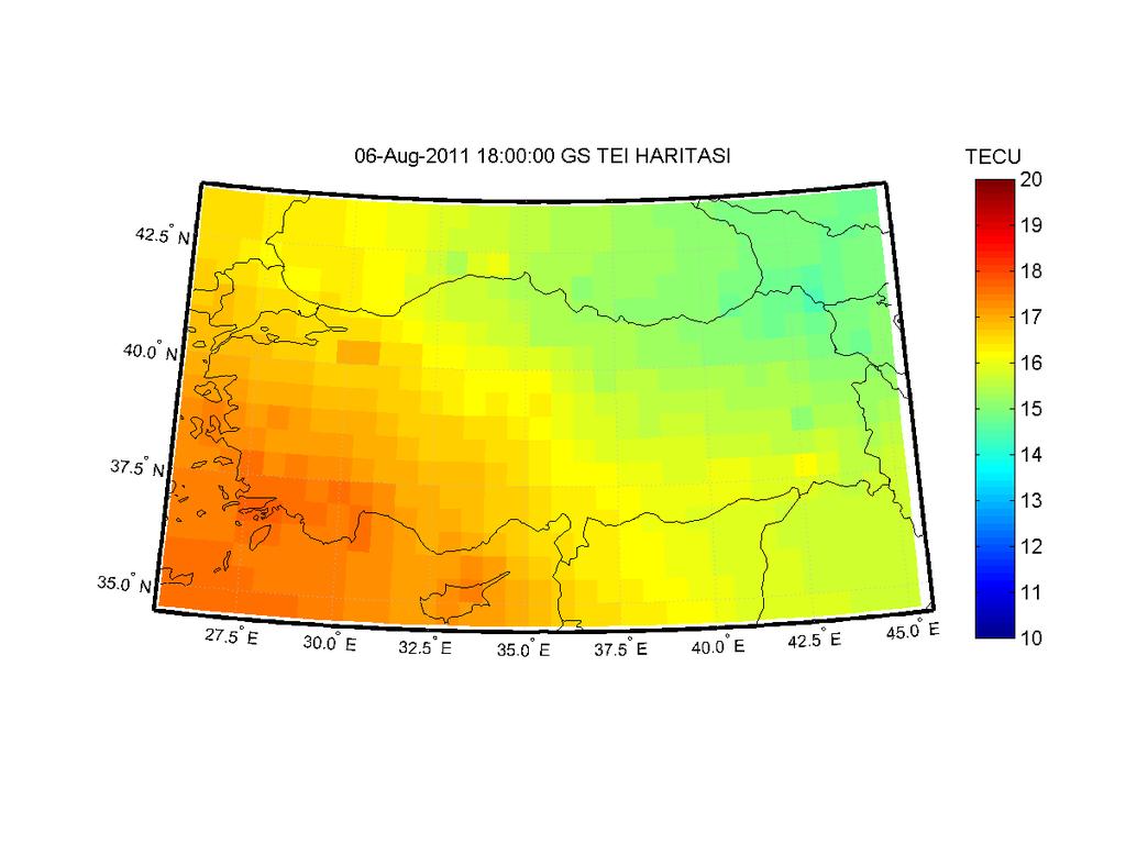 Şekil 6.7: 06 Ağustos 2011 günü ve 1800 GS için IRI-Plas-Opt ile elde edilen TEİ haritası 6.