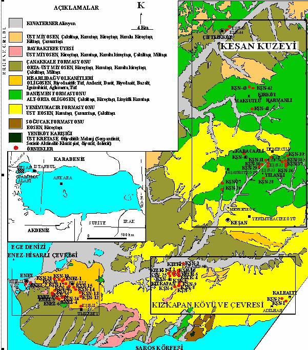 Keşan Enez Arasındaki Zeolit İçeren Birimlerin Mineralojik Özellikleri 19 örneklerde natrolit, KŞN- 23 nolu örnekte höylandit ve ENEZ-1 nolu örnekte analsim mineralleri belirlenmiştir.