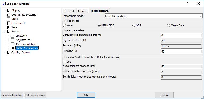 GPS+ PostProcess/Troposphere sekmesinde Troposferik modelleme