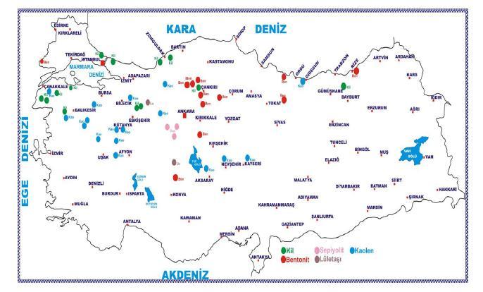 Şekil 2.16 Türkiye de bentonit yatakları (http://www.mta.gov.tr/v2.0/default.php?id=maden_yataklari) Çizelge 2.4 Türkiye de üretilen bentonitlerin bileşimleri (www.maden.org.