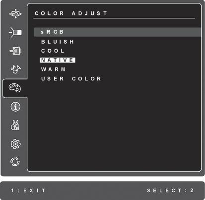 Kontrol Açıklaması Color Adjust (Renk Ayarı) ön-ayar renk sıcaklıkları ve kırmızı (R), yeşil (G) ve mavi (B) renklerinin bağımsız olarak ayarlanmasına olanak sağlayan Kullanıcı Renk modu da dahil