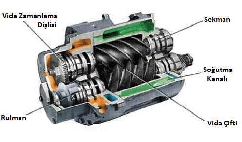 a) Pozitif Deplasmanlı Kompresörler Vidalı kompresörler: Vidalı kompresörlerin sıkıştırma aksiyonu, bir gövde içerisine yerleştirilmiş iki rotorun birbirine eşlenmesi ile oluşmuş vida bloğunda