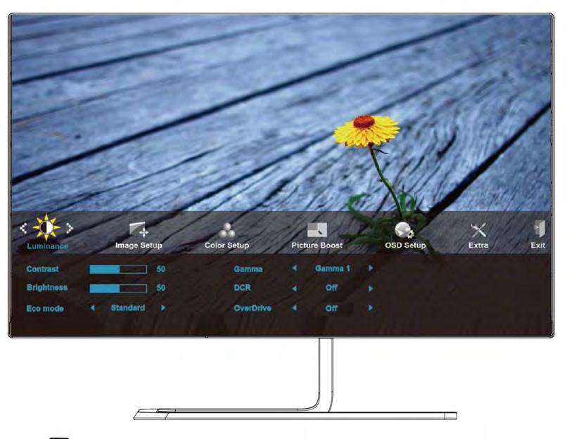 OSD Setting (OSD Ayarı) Kontrol tuşlarında basit ve kolay talimatlar. 1. OSD penceresini etkinleştirmek için MENU-button (MENÜ-düğmesine) basın. 2. İşlevler arasında dolaşmak için veya öğesine basın.