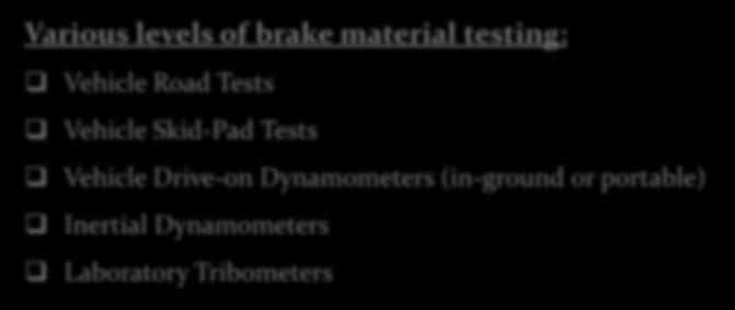 FRENLER-TESTLER Various levels of brake material testing: Vehicle Road Tests Vehicle Skid-Pad